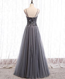 Gray sweetheart neck tulle sequin beads long prom dress HZ1024
