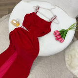 Elegant Sheath Straps Burgundy Satin Silver Beads Slit Long Prom Dresses Formal Dress HZ1024
