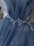 Gray blue tulle sequin beads long prom dress, blue evening dress HZ1024