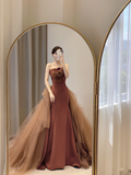 Simple Mermaid Strapless Brown Floor Length Prom Dress HZ1024