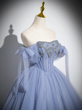 Stunning Ball Gown Blue A-Line Tulle Beads Long Sweet 16 Dresses HZ1024