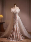 Mermaid Strapless Sequin Long Feather Prom Dress HZ1024