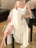 Modest A line Straps White Chiffon Prom Dress HZ1024