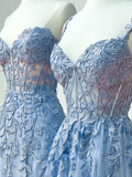 Sexy Sleeveless Light Sky Blue Lace Long Prom Dress HZ1024