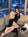 Charming Mermaid Halter Black Sequin Long Slit Prom Dress HZ1024