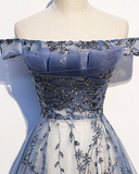 Charming A Line Off The Shoulder Blue Sequin Long Prom Dress HZ1024