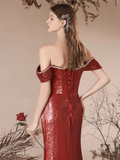 Simple Off Shoulder Sequin Mermaid Burgundy Long Prom Dress HZ1024