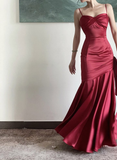 Wine Red Satin Straps Long Evening Dress Prom Dress HZ1024