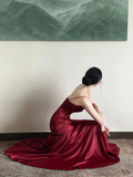 Wine Red Satin Straps Long Evening Dress Prom Dress HZ1024