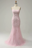Modest Mermaid Spaghetti Straps Lace Pink Long Prom Dresses HZ1024