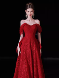 Sexy A Line Sweetheart Red Lace Long Prom Dresses HZ1024