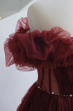 Vintage A line Off The Shoulder Burgundy Tulle Evening Dress Prom Dresses HZ1024