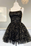 Straps Pink A-Line Tulle Homecoming Dress With Gold Stars HZ1024