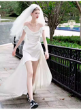 Vintage High Low Off The Shoulder White Satin Wedding Dresses HZ1024