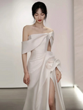Fairytale Mermaid Short Sleeves White Off The Shoulder Slit Wedding Dress HZ1024