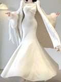 Elegant Mermaid Straps Satin White Long Prom Dresses HZ1024