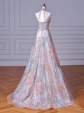 Sexy A line High Neckline Sequin Long Evening Dress Beading Prom Dress HZ1024