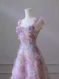 Sexy A line Straps Neckline Floral Long Evening Dress Lace Prom Dress HZ1024