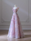 Sexy A line Straps Neckline Floral Long Evening Dress Lace Prom Dress HZ1024