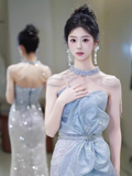 Sexy Mermaid High Neckline Sequin Long Evening Dress Beads Prom Dress HZ1024