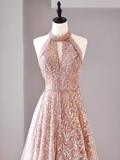 Sexy A Line High Neckline Sequin Long Evening Dress Beads Prom Dress HZ1024