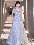 Fairytale A line Straps Sequin Beads Long Evening Dress Prom Dresses With Flowers HZ1024