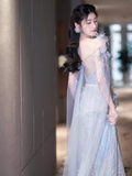 Fairytale A line Straps Sequin Beads Long Evening Dress Prom Dresses With Flowers HZ1024