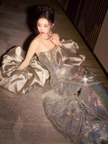 Sexy Mermaid Strapless Sequin Long Prom Dresses With Sleeves HZ1024