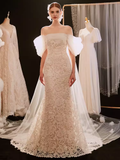 Vintage Mermaid Strapless Lace Wedding Dress With Short Sleeves HZ1024