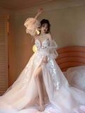 Vintage A Line Strapless Lace White Wedding Dress With Slit HZ1024