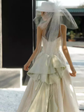 Chic A Line Strapless Sleeveless Lace White Wedding Dresses HZ1024