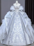 Chic Ball Gown Off The Shoulder Short Sleeves Lace Wedding Dresses HZ1024