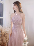 Pretty A Line High Neckline Tulle Pink Long Prom Dresses HZ1024