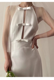 Vintage Sheath Scoop Neckline Satin White Wedding Dress With Bowknot HZ1024