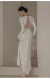 Sexy Mermaid Scoop White Backless Satin Long Wedding Dresses HZ1024
