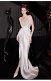 Sexy Mermaid Straps White Pearls Slit Long Wedding Dresses HZ1024