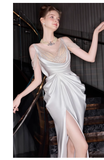 Sexy Mermaid Straps White Pearls Slit Long Wedding Dresses HZ1024