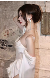 Sexy A line Off The Shoulder Long Sleeves Satin Long Wedding Dresses With Cape HZ1024