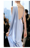 Pretty Sheath Scoop Neckline Satin Blue Slit Long Prom Dresses With Ribbon HZ1024