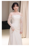 Sexy Sheath Off The Shoulder Long Sleeves Satin Long Wedding Dresses With Lace HZ1024