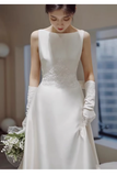 Chic A line Scoop Neckline Satin Long Wedding Dresses With Appliques HZ1024