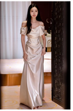 Sexy Sheath Off The Shoulder Satin Long Wedding Dresses With Ruffles HZ1024