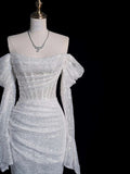Timeless Mermaid Off The Shoulder Long Sleeves Sequin Wedding Dresses With Ruffles HZ1024