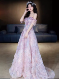 Cute A line Strapless Neckline Tulle Pink Flowers Wedding Dress HZ1024