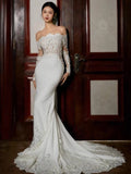 Unique Mermaid Off The Shoulder Lace Long Sleeves White Wedding Dresses HZ1024