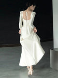 Unique Mermaid Square Neckline Long Sleeves White Satin Wedding Dresses HZ1024