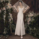 Unique Sheath Straps Satin Long White Slit Wedding Dresses HZ1024