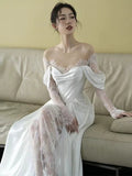 Unique Sheath Off The Shoulder Satin Long Sleeves White Slit Wedding Dresses HZ1024