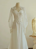 Chic A line Sweetheart Lace Long Sleeves White Wedding Dresses HZ1024