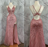 Modest Sheath Straps Long Slit Prom Dress Evening Dresses HZ1024